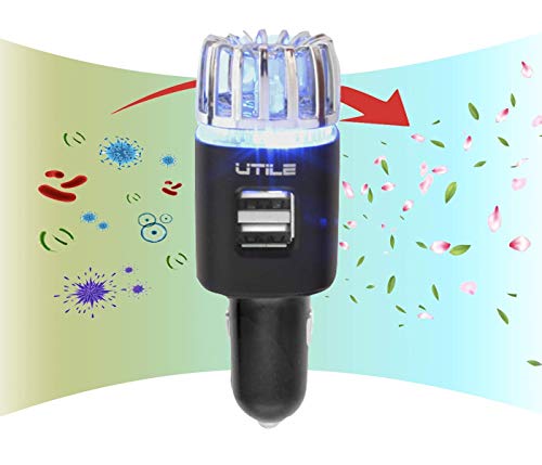 UTILE Car Ionizer Purifier with Dual USB Charger – Ionic Air Freshener for Odor Removal | 2.1A/0.8W USB Charging for Phone, Tablet and Other Devices (Black, Pack of 2)