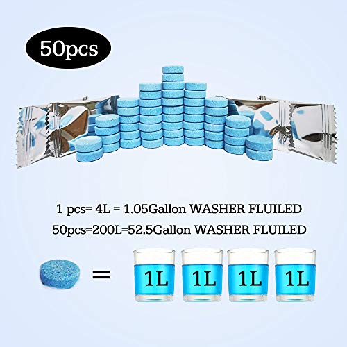 DOKIKO 50 Pcs Car Windshield Washer Fluid concentrate Tablets,Windshield Wiper Fluid,1 Pack Makes 52.5 Gallons,1 Piece Makes 1.05 Gallons(Winter: Use With De-icer or Methanol)