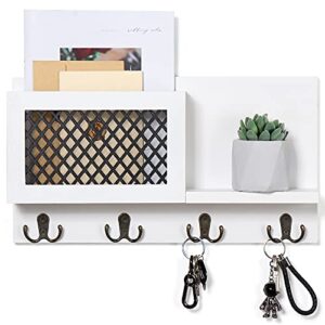 key and mail holder for wall decorative - rustic mail organizer wall mount, wooden letter sorter organizer with 4 key rack hooks for hallway kitchen farmhouse decor (16.5” x 9.1” x 3.4”) (white)