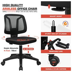 VigorPow Armless Mesh Office Chair Ergonomic Swivel Black Small Computer Desk Chair No Arms with Lumbar Support Height Adjustable Task Chair for Adults and Kids