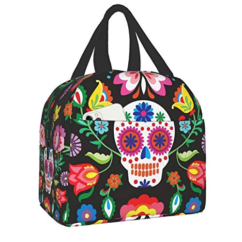 Sugar Cute Skull Insulated Lunch Bag Tote Bag with Front Pockets Lunch Box Leakproof Lunch Container for Men & Women to Office Work School Picnic