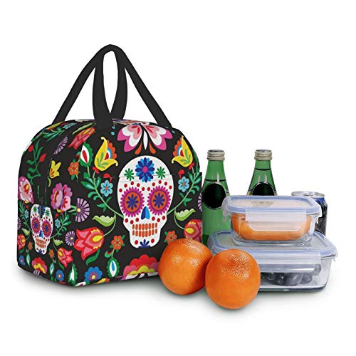 Sugar Cute Skull Insulated Lunch Bag Tote Bag with Front Pockets Lunch Box Leakproof Lunch Container for Men & Women to Office Work School Picnic