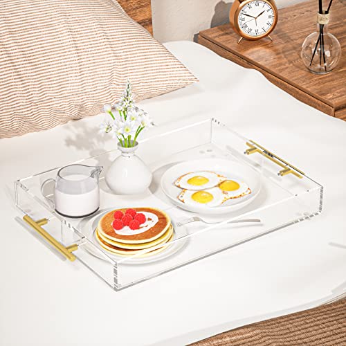 HIIMIEI Acrylic Serving Tray 12x16 Inch, Clear Trays with Gold Handles, Decorative able Tray for Coffee, Appetizer, Breakfast, Bathroom, Vanity