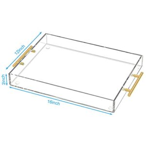 HIIMIEI Acrylic Serving Tray 12x16 Inch, Clear Trays with Gold Handles, Decorative able Tray for Coffee, Appetizer, Breakfast, Bathroom, Vanity