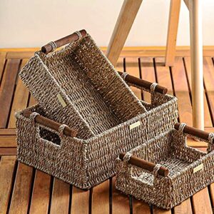 ado basics wicker basket with stain resistant wooden handles, seagrass wicker baskets for organizing 14.6"x10.3"x6.2" and 12"x8.3"x5.1" and 9.5"x6.6"x4.1", set of 3