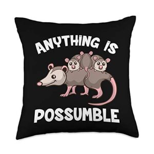 funny opossum tees and gifts funny opossum anything is possumble cute possum family throw pillow, 18x18, multicolor