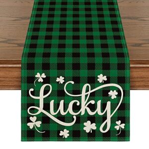 artoid mode buffalo plaid lucky clover shamrock table runner, seasonal st. patrick's day holiday kitchen dining table runner for home party decor 13 x 72 inch