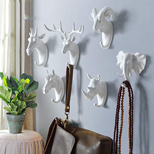 Animal Head Key Hooks Decorative for Wall Creative Resin Hook Hanger (Pack 6) Animal Shaped Coat Hat Hook Wall Hanging Wall Hook Decorative Gift (White)