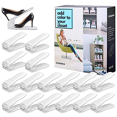 YIHATA Shoe Slots Organizer, Adjustable Shoe Stacker Storage Space Saver, Double Deck Shoe Rack Holder for Closet Organization, Thickening Quality Upgrade (16Pack, White)