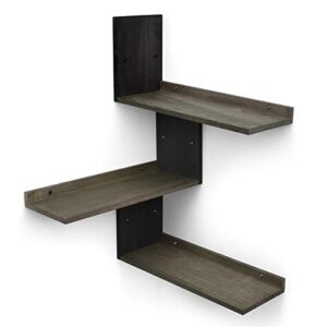 miratino corner wall shelf rustic wood corner floating shelves decor for bedroom living room bathroom kitchen set of 3 assorted color (black & weathered grey)