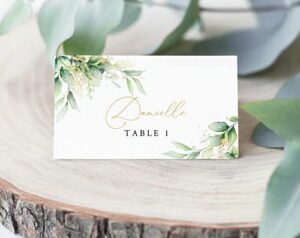 wedding place cards table, 50 pack, 2 x 3.5 inch, gold & greenery place cards for weddings, premium eucalyptus wedding name place cards for table setting, easy folding matte finish placecards wedding