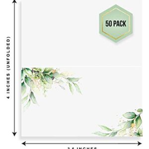 Wedding Place Cards Table, 50 Pack, 2 x 3.5 inch, Gold & Greenery Place Cards for Weddings, Premium Eucalyptus Wedding Name Place Cards for Table Setting, Easy Folding Matte Finish Placecards Wedding