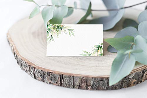 Wedding Place Cards Table, 50 Pack, 2 x 3.5 inch, Gold & Greenery Place Cards for Weddings, Premium Eucalyptus Wedding Name Place Cards for Table Setting, Easy Folding Matte Finish Placecards Wedding