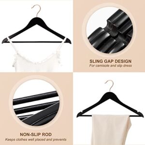 HOUSE DAY Premium Wooden Hangers Black with Non Slip Pants Bar Smooth Finish Solid Wood Coat Hanger 360° Swivel Rose Gold Hook Cut Notches for Suit, Jacket, Dress, Heavy Duty Clothes Hangers 20 Pack