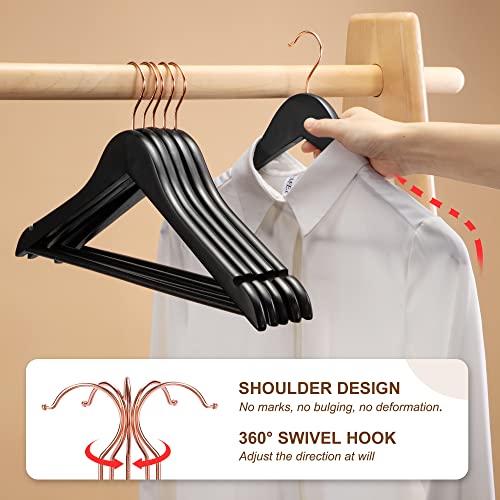 HOUSE DAY Premium Wooden Hangers Black with Non Slip Pants Bar Smooth Finish Solid Wood Coat Hanger 360° Swivel Rose Gold Hook Cut Notches for Suit, Jacket, Dress, Heavy Duty Clothes Hangers 20 Pack