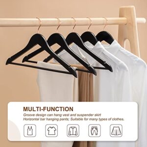 HOUSE DAY Premium Wooden Hangers Black with Non Slip Pants Bar Smooth Finish Solid Wood Coat Hanger 360° Swivel Rose Gold Hook Cut Notches for Suit, Jacket, Dress, Heavy Duty Clothes Hangers 20 Pack