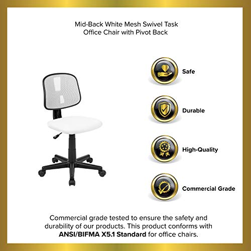 EMMA + OLIVER Mid-Back White Mesh Swivel Task Office Chair with Pivot Back, BIFMA Certified