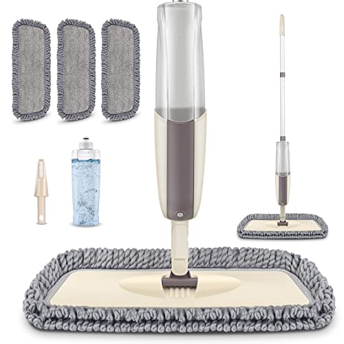 Microfiber Spray Floor Mops for Floor Cleaning - MEXERRIS Microfiber Dust Floor Mop Wet Dry Mop for Laminate Wood Tiles,Hardwood Floor Mop with 3 Reusable Pads 410ML Refillable Bottle and 1 Scrubber