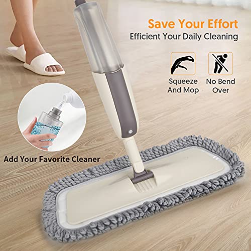 Microfiber Spray Floor Mops for Floor Cleaning - MEXERRIS Microfiber Dust Floor Mop Wet Dry Mop for Laminate Wood Tiles,Hardwood Floor Mop with 3 Reusable Pads 410ML Refillable Bottle and 1 Scrubber