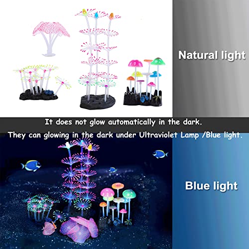 Lpraer 4 Pack Glow Aquarium Decorations Coral Reef Glowing Mushroom Anemone Simulation Glow Plant Glowing Effect Silicone for Fish Tank Decorations