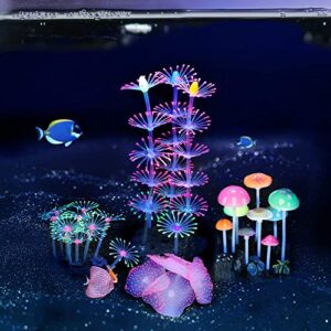 Lpraer 4 Pack Glow Aquarium Decorations Coral Reef Glowing Mushroom Anemone Simulation Glow Plant Glowing Effect Silicone for Fish Tank Decorations