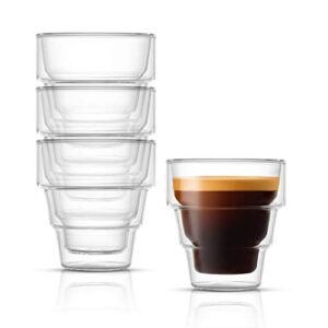 joyjolt pila double walled espresso glasses, set of 4 espresso cups 3 ounce capacity. stackable thermal clear glass cups, ideal fit for espresso machine and coffee maker