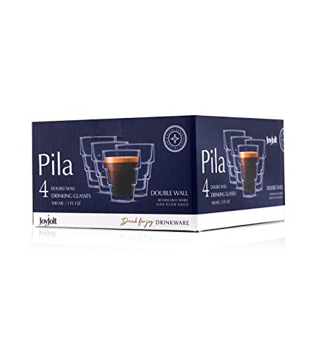 JoyJolt Pila Double Walled Espresso Glasses, Set of 4 Espresso Cups 3 Ounce Capacity. Stackable Thermal Clear Glass Cups, Ideal Fit for Espresso Machine and Coffee Maker