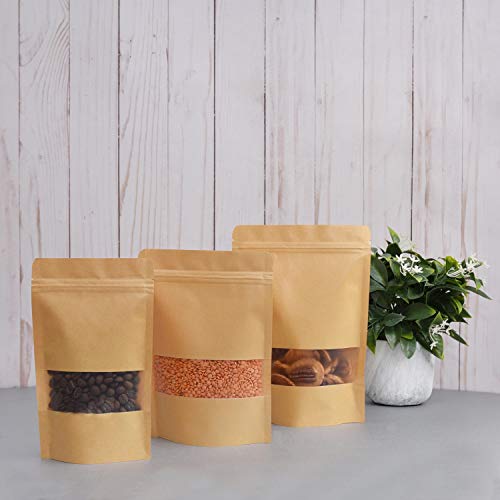 50 Pcs Self Sealing Sealable Packaging Paper Bags Waterproof Transparent Window Brown Stand Up Zipper Pouches Can Reusable for Food Tea Coffee bags Beans Nuts Seeds Dried Fruits Pouch (5.9"x8.6")…