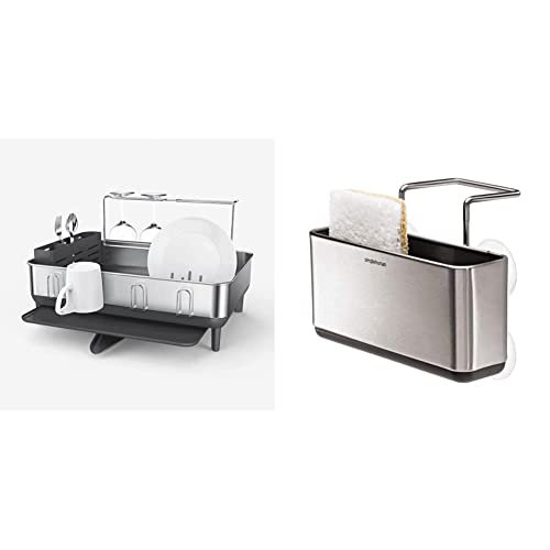 simplehuman Kitchen Dish Drying Rack and Slim Sink Caddy Sponge Holder Bundle, Stainless Steel