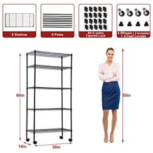 5 Tier Shelf Wire Shelving Unit, NSF Heavy Duty Wire Shelf Metal Large Storage Shelves Height Adjustable Utility for Garage Kitchen Office Commercial Shelving Steel Layer Shelf - 14"x30"x60", Black