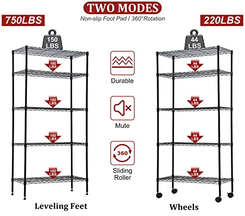 5 Tier Shelf Wire Shelving Unit, NSF Heavy Duty Wire Shelf Metal Large Storage Shelves Height Adjustable Utility for Garage Kitchen Office Commercial Shelving Steel Layer Shelf - 14"x30"x60", Black