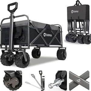 Sekey Collapsible Foldable Wagon with 220lbs Weight Capacity, Heavy Duty Folding Garden Cart with Big Beach Brake Wheels & Drink Holders.Black with Grey