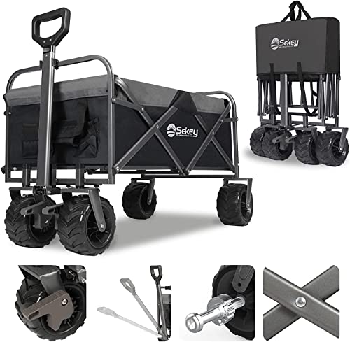 Sekey Collapsible Foldable Wagon with 220lbs Weight Capacity, Heavy Duty Folding Garden Cart with Big Beach Brake Wheels & Drink Holders.Black with Grey