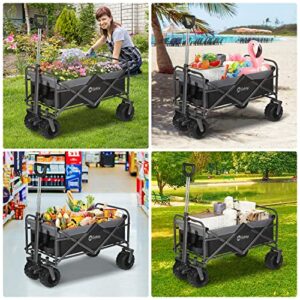 Sekey Collapsible Foldable Wagon with 220lbs Weight Capacity, Heavy Duty Folding Garden Cart with Big Beach Brake Wheels & Drink Holders.Black with Grey