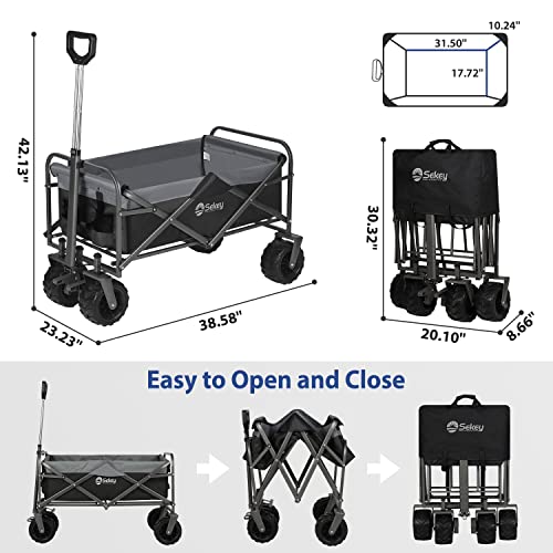 Sekey Collapsible Foldable Wagon with 220lbs Weight Capacity, Heavy Duty Folding Garden Cart with Big Beach Brake Wheels & Drink Holders.Black with Grey