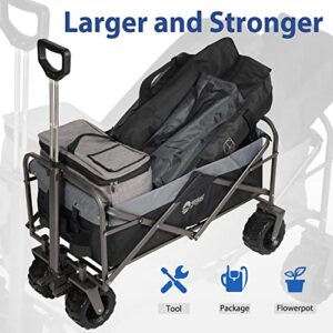 Sekey Collapsible Foldable Wagon with 220lbs Weight Capacity, Heavy Duty Folding Garden Cart with Big Beach Brake Wheels & Drink Holders.Black with Grey