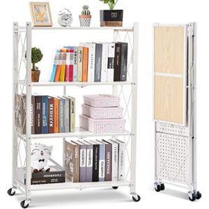 toolf 4-tier foldable shelving unit, freestanding metal storage shelf with mdf tabletop, no assembly storage shelves with wheels for garage kitchen bakers closet pantry, heavy duty shelving