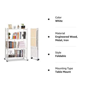 TOOLF 4-Tier Foldable Shelving Unit, Freestanding Metal Storage Shelf with MDF Tabletop, No Assembly Storage Shelves with Wheels for Garage Kitchen Bakers Closet Pantry, Heavy Duty Shelving