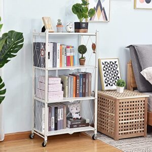 TOOLF 4-Tier Foldable Shelving Unit, Freestanding Metal Storage Shelf with MDF Tabletop, No Assembly Storage Shelves with Wheels for Garage Kitchen Bakers Closet Pantry, Heavy Duty Shelving