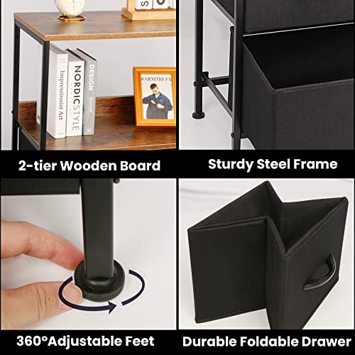 CONNOO Nightstand, Bedside Table with 3 Fabric Drawer, Storage Shelf, 2 Wooden Top, Night Stands Dresser for Bedroom, Hallway, Hotel, Closet, Nursery, Living Room, Office, Industrial Rustic Black