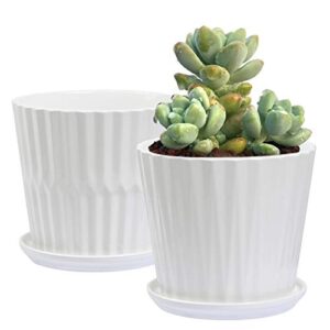 sietpoek plant pots - 6.7 inch cylinder ceramic planters with connected saucer, pots for succuelnt and little snake plants, set of 2, white
