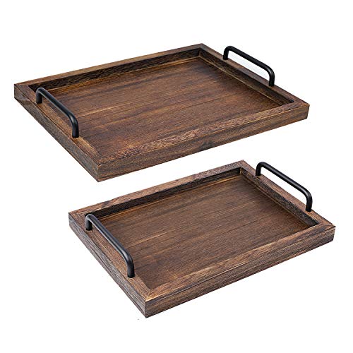 LIBWYS Rustic Wooden Serving Trays with Handle-Set of 2-Decorative Nesting Food Board Platters for Breakfast, Coffee Table/Butler (Large 15.8x11.8x1.2 inches, Small 13.4x9.4 x1.2 inches)