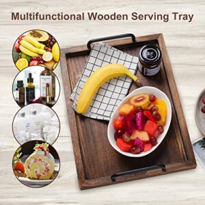 LIBWYS Rustic Wooden Serving Trays with Handle-Set of 2-Decorative Nesting Food Board Platters for Breakfast, Coffee Table/Butler (Large 15.8x11.8x1.2 inches, Small 13.4x9.4 x1.2 inches)