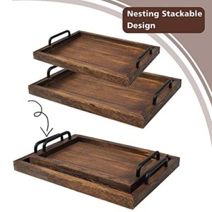 LIBWYS Rustic Wooden Serving Trays with Handle-Set of 2-Decorative Nesting Food Board Platters for Breakfast, Coffee Table/Butler (Large 15.8x11.8x1.2 inches, Small 13.4x9.4 x1.2 inches)