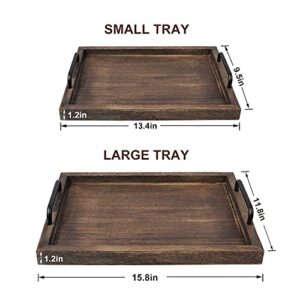 LIBWYS Rustic Wooden Serving Trays with Handle-Set of 2-Decorative Nesting Food Board Platters for Breakfast, Coffee Table/Butler (Large 15.8x11.8x1.2 inches, Small 13.4x9.4 x1.2 inches)