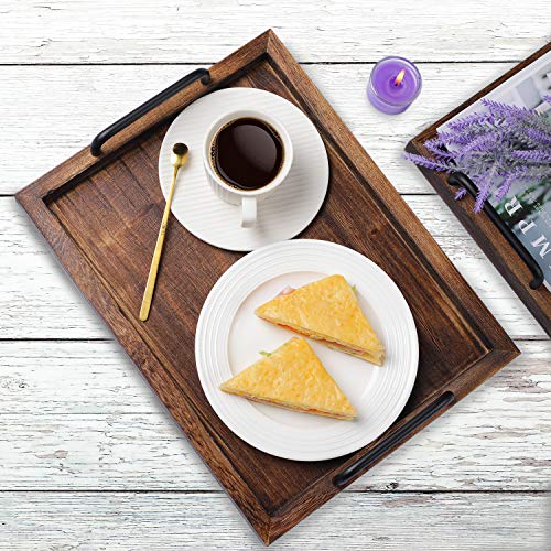 LIBWYS Rustic Wooden Serving Trays with Handle-Set of 2-Decorative Nesting Food Board Platters for Breakfast, Coffee Table/Butler (Large 15.8x11.8x1.2 inches, Small 13.4x9.4 x1.2 inches)