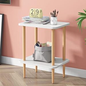 exilot 2-tier side table tall end table with storage rack wooden nightstand bedside table for living room bedroom office no-tool assembly (white).