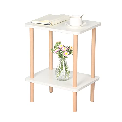 exilot 2-Tier Side Table Tall End Table with Storage Rack Wooden Nightstand Bedside Table for Living Room Bedroom Office No-Tool Assembly (White).