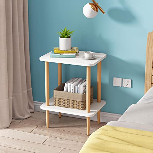 exilot 2-Tier Side Table Tall End Table with Storage Rack Wooden Nightstand Bedside Table for Living Room Bedroom Office No-Tool Assembly (White).