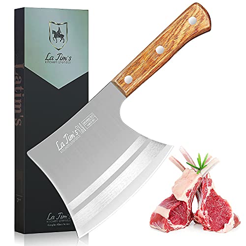 LA TIM'S Meat Cleaver Knife, 2 lb Heavy Duty Cleaver with Hand Forged High Carbon Steel, Butcher Knife for Chopping Bones, Solid Wood Handle